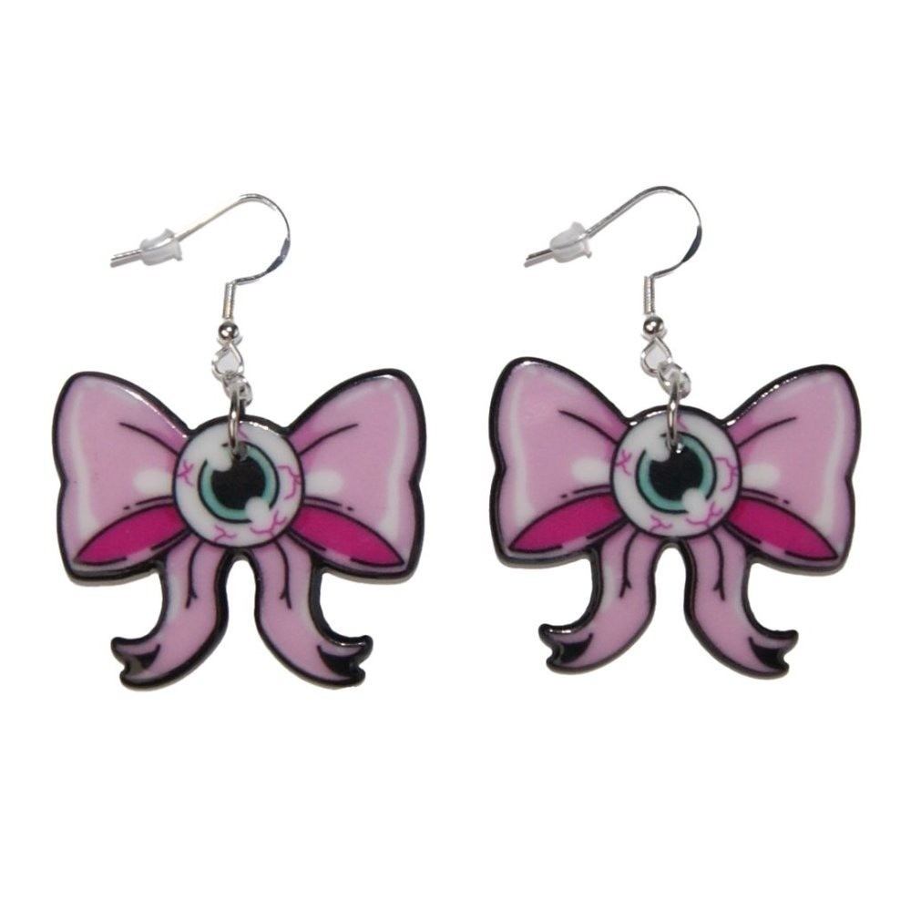 Creepy Cute Eye Ball Pink Bow Earrings w/‎ hypoallergenic 925 Silver
